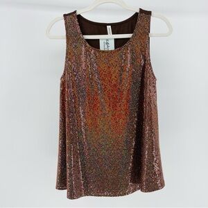 Emerald Brown Iridescent Sparkly Sequin Stretch Knit Sleeveless Top, NWT